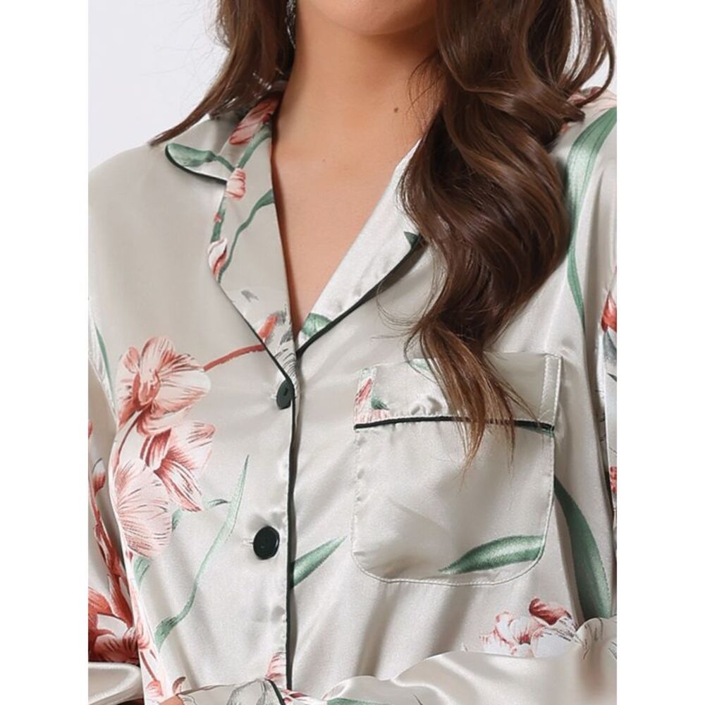 Womens Satin Floral Pajamas Sleepwear Long Sleeve Pjs Button Up Lounge Set Gray - Picture 4 of 5